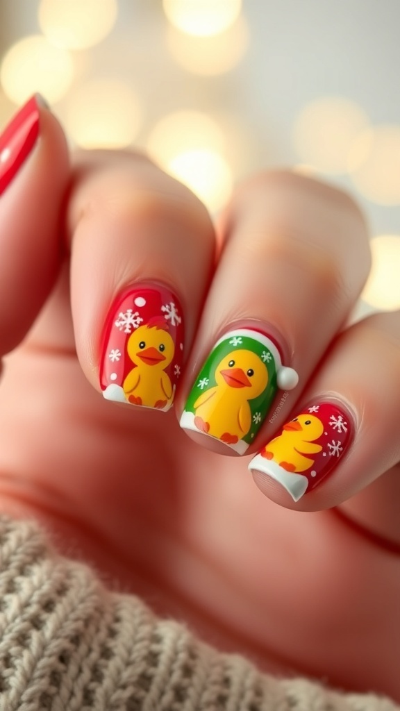 Short nails with Christmas duck designs in red and green, decorated with snowflakes.